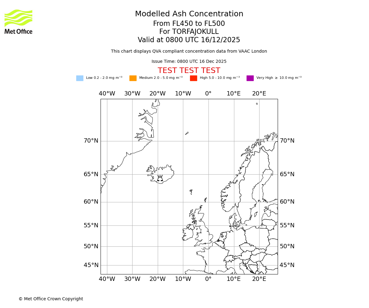 Modelled ash concentration from 450 to 500 for TORFAJOKULL. Valid at 0800 UTC 16/12/2025
