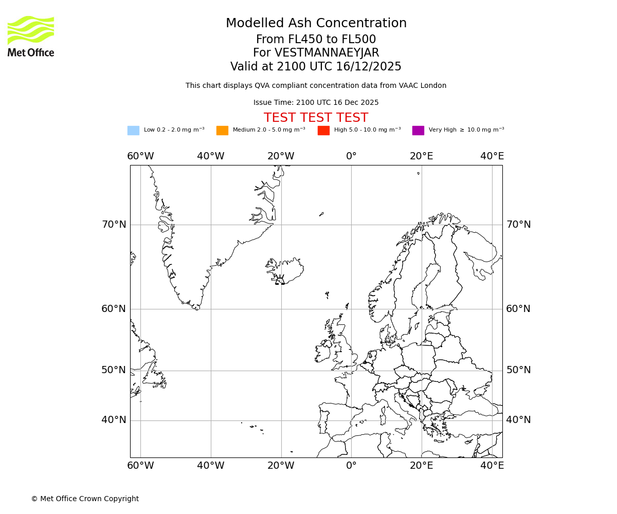 Modelled ash concentration from 450 to 500 for VESTMANNAEYJAR. Valid at 2100 UTC 16/12/2025