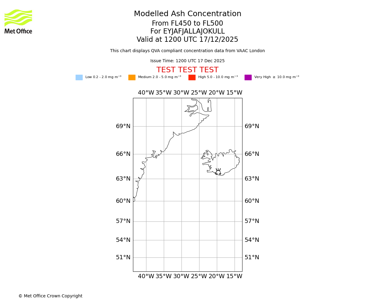 Modelled ash concentration from 450 to 500 for EYJAFJALLAJOKULL. Valid at 1200 UTC 17/12/2025