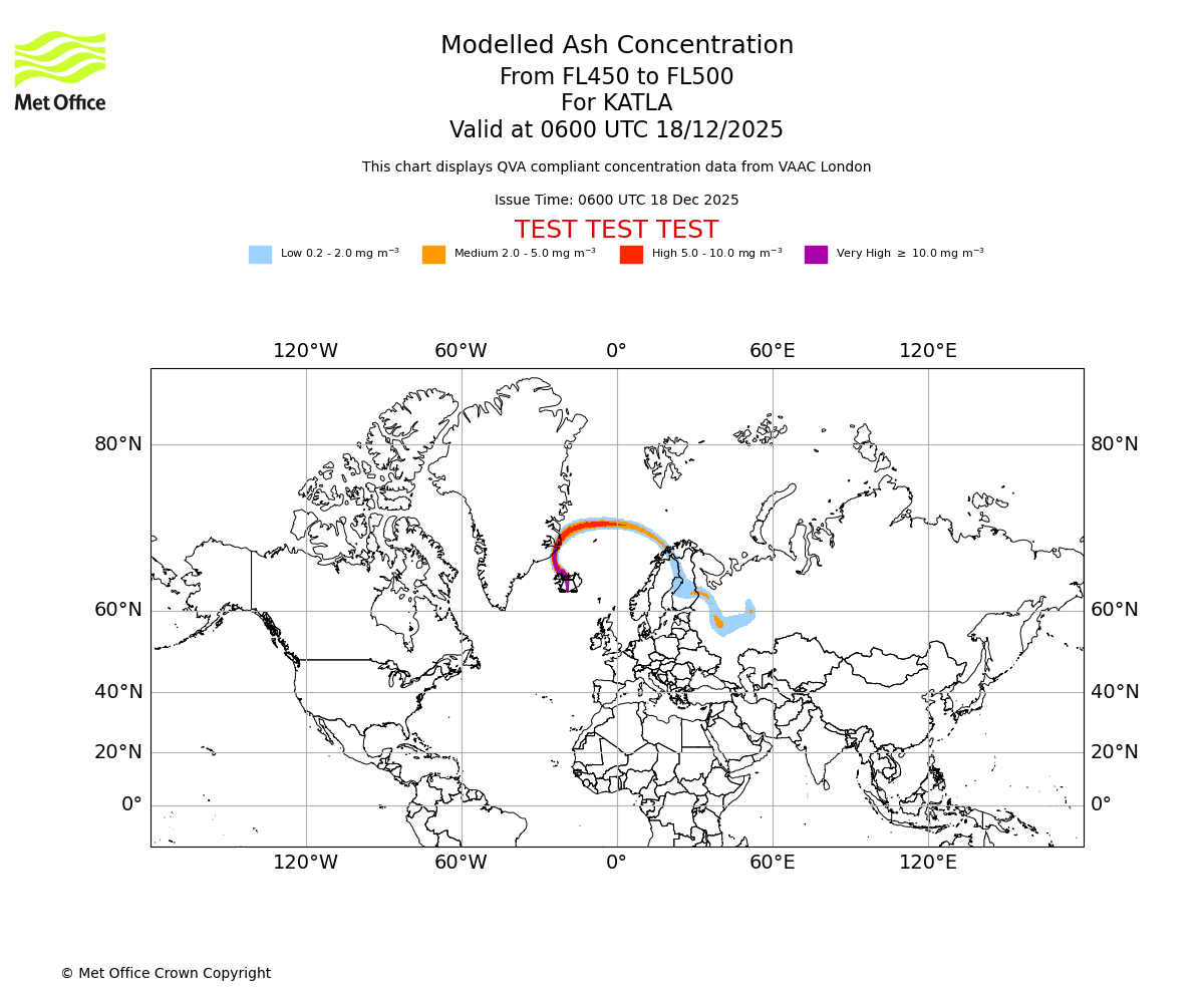Modelled ash concentration from 450 to 500 for KATLA. Valid at 0600 UTC 18/12/2025