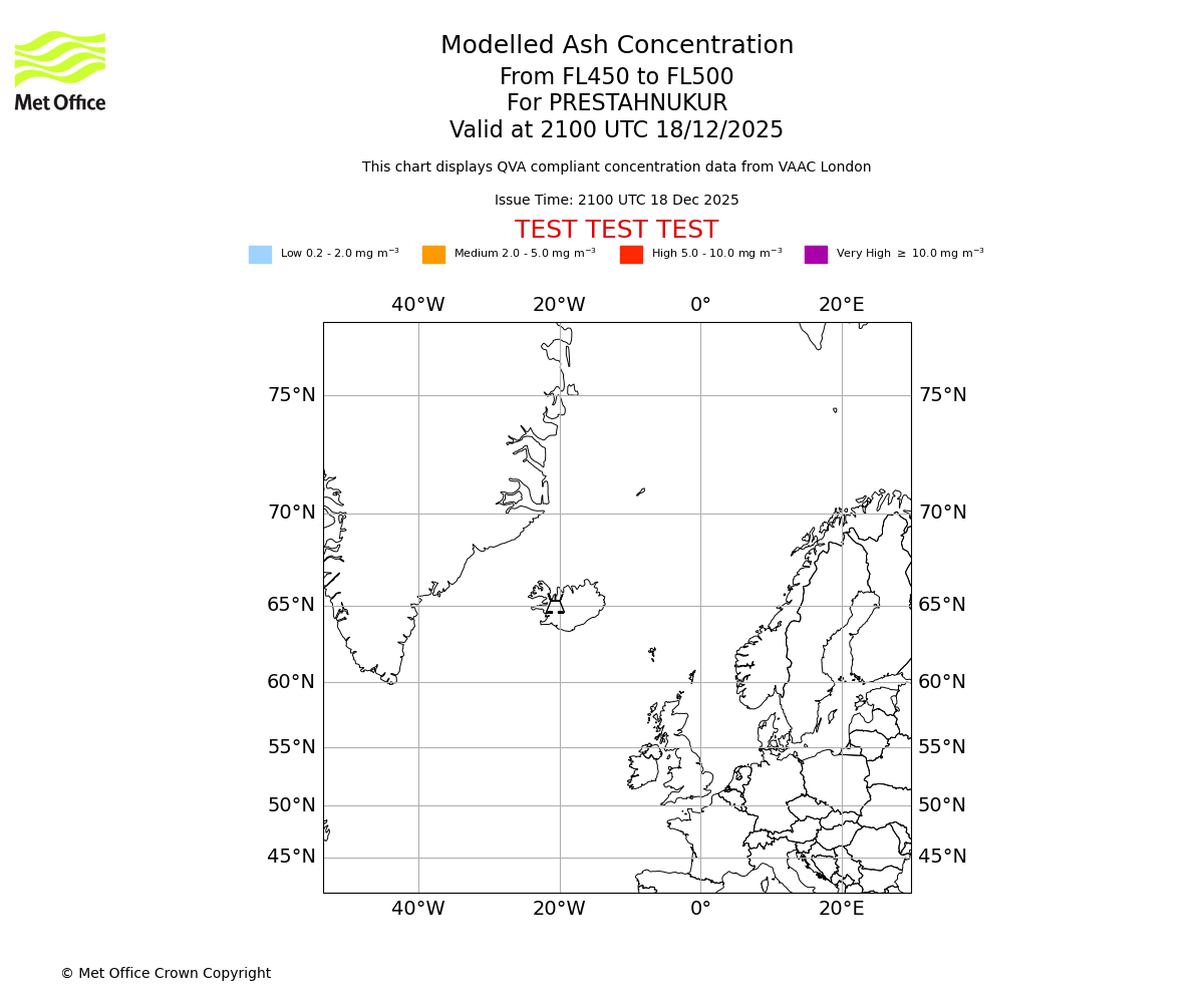 Modelled ash concentration from 450 to 500 for PRESTAHNUKUR. Valid at 2100 UTC 18/12/2025