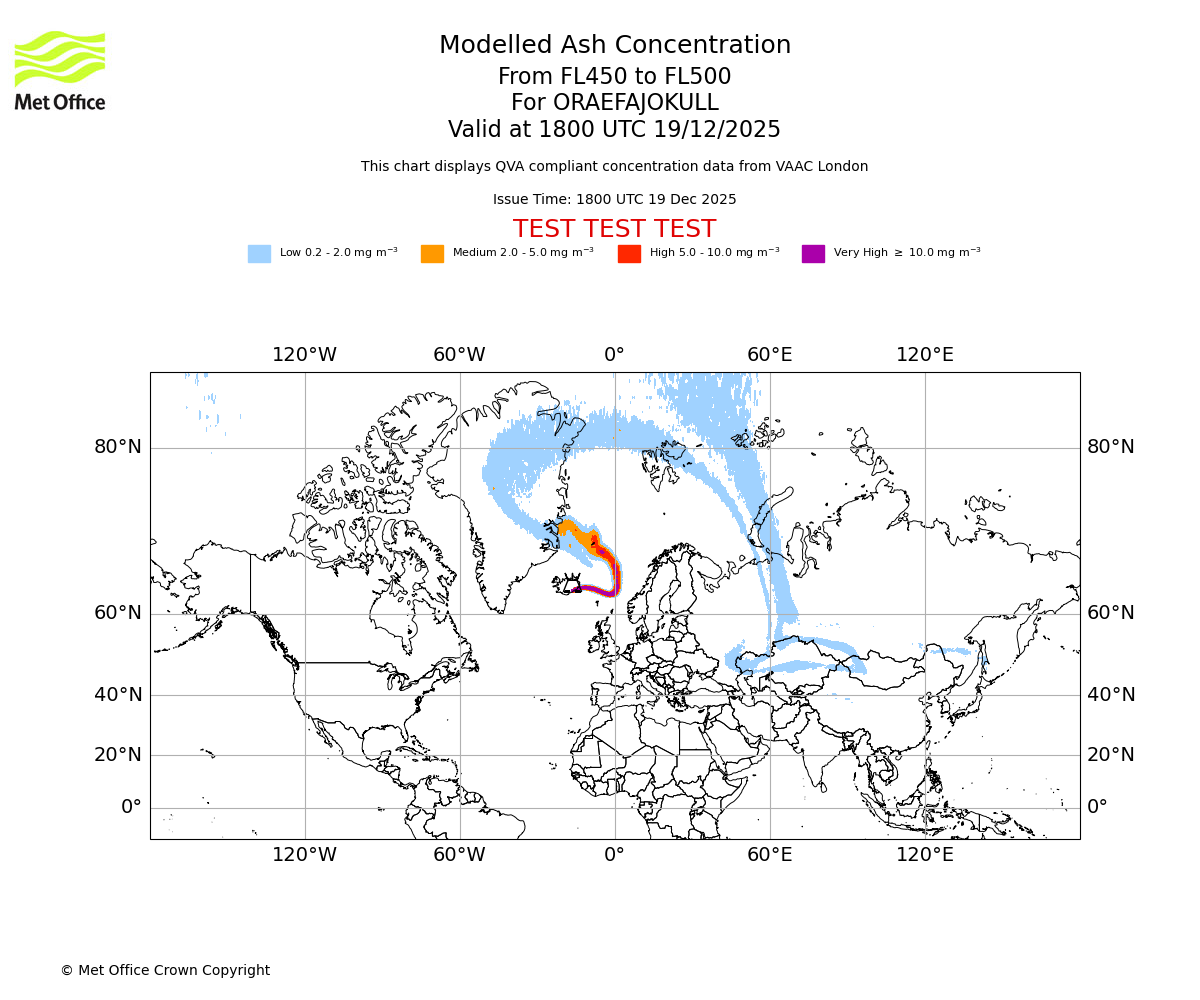 Modelled ash concentration from 450 to 500 for ORAEFAJOKULL. Valid at 1800 UTC 19/12/2025
