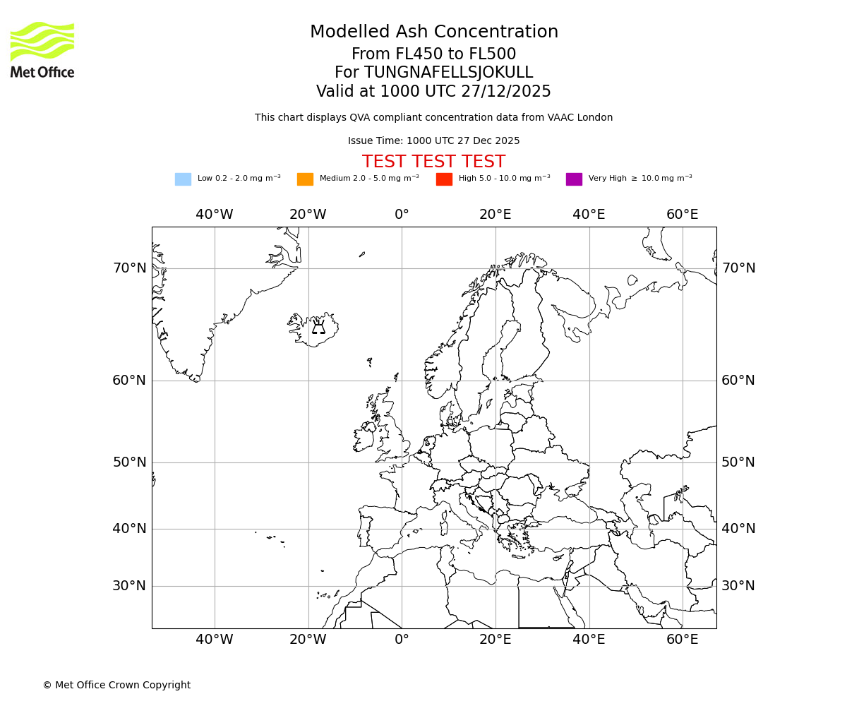 Modelled ash concentration from 450 to 500 for TUNGNAFELLSJOKULL. Valid at 1000 UTC 27/12/2025