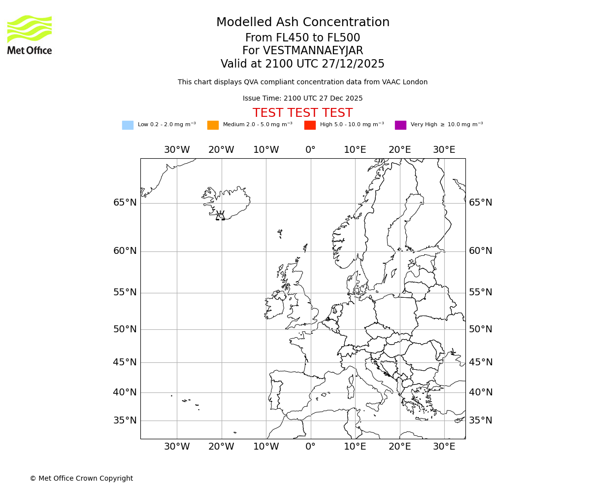 Modelled ash concentration from 450 to 500 for VESTMANNAEYJAR. Valid at 2100 UTC 27/12/2025