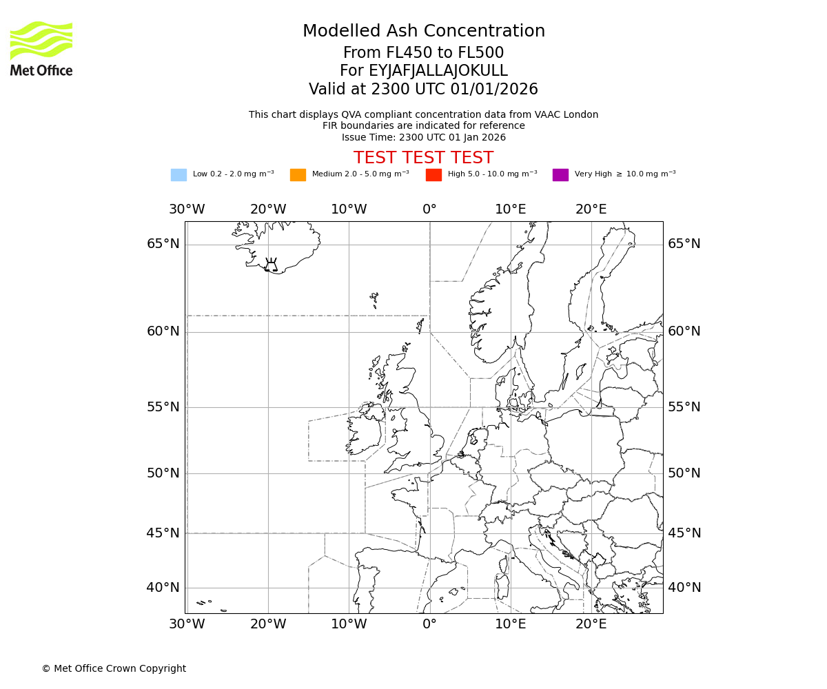 Modelled ash concentration from 450 to 500 for EYJAFJALLAJOKULL. Valid at 2300 UTC 01/01/2026