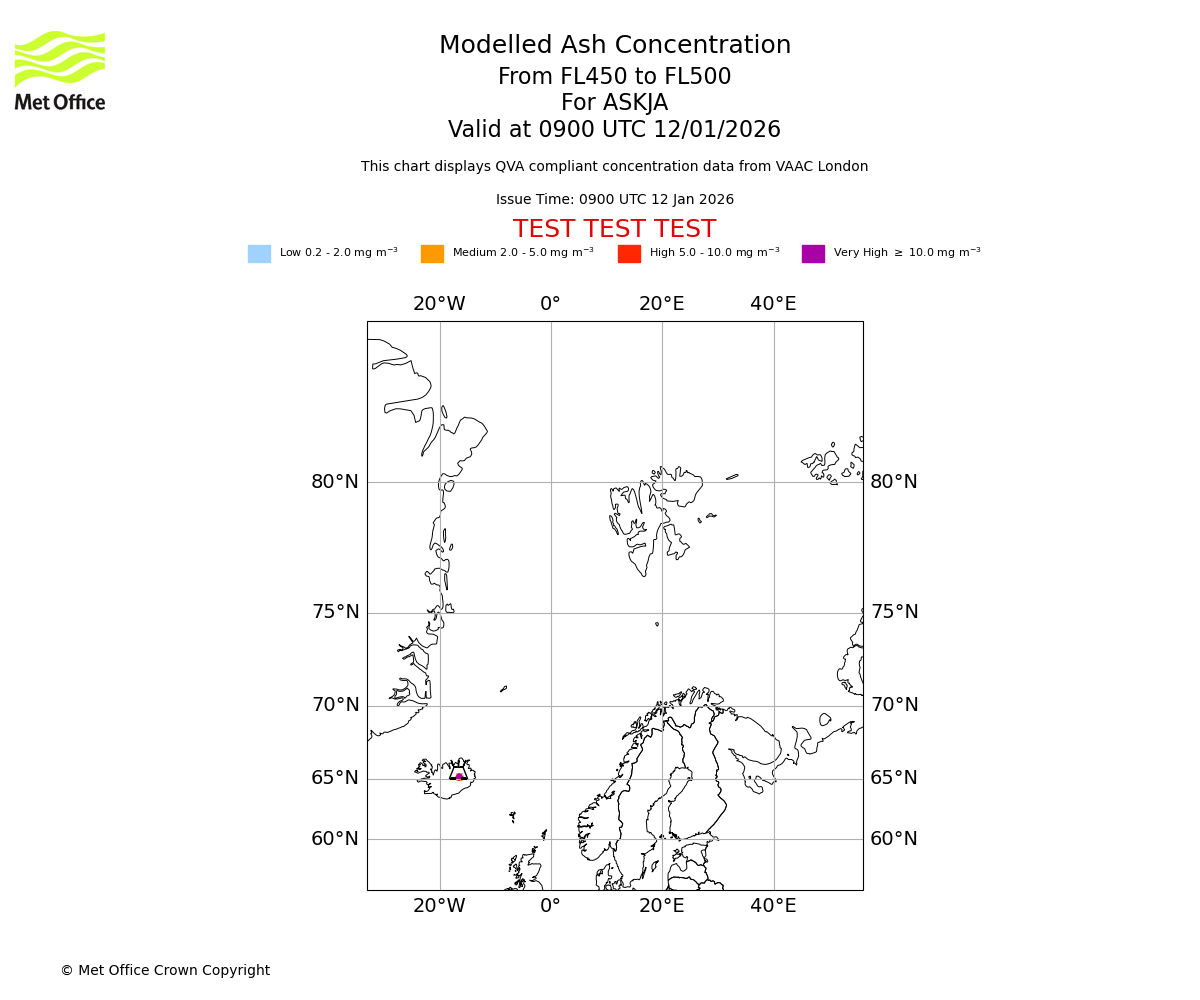 Modelled ash concentration from 450 to 500 for ASKJA. Valid at 0900 UTC 12/01/2026