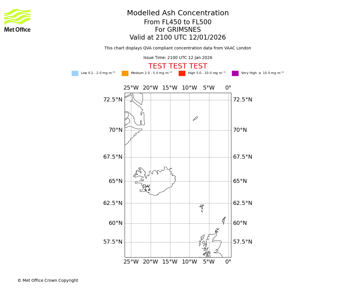 Modelled ash concentration from 450 to 500 for GRIMSNES. Valid at 2100 UTC 12/01/2026