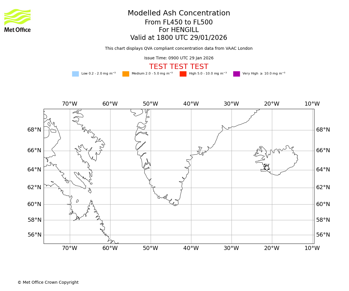 Modelled ash concentration from 450 to 500 for HENGILL. Valid at 1800 UTC 29/01/2026
