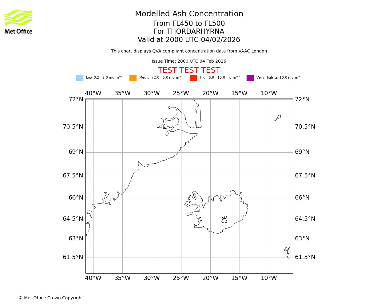 Modelled ash concentration from 450 to 500 for THORDARHYRNA. Valid at 2000 UTC 04/02/2026