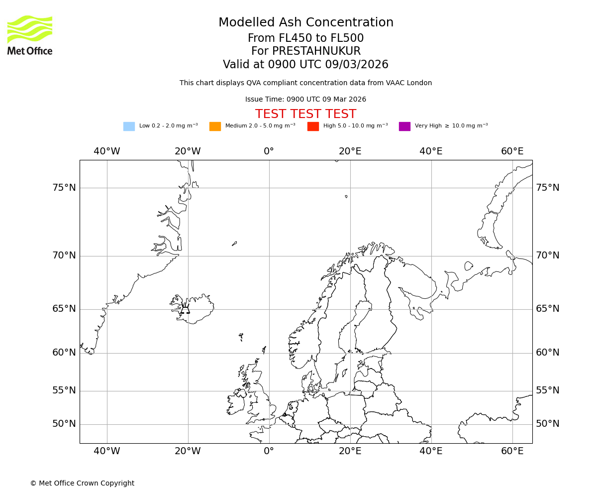 Modelled ash concentration from 450 to 500 for PRESTAHNUKUR. Valid at 0900 UTC 09/03/2026