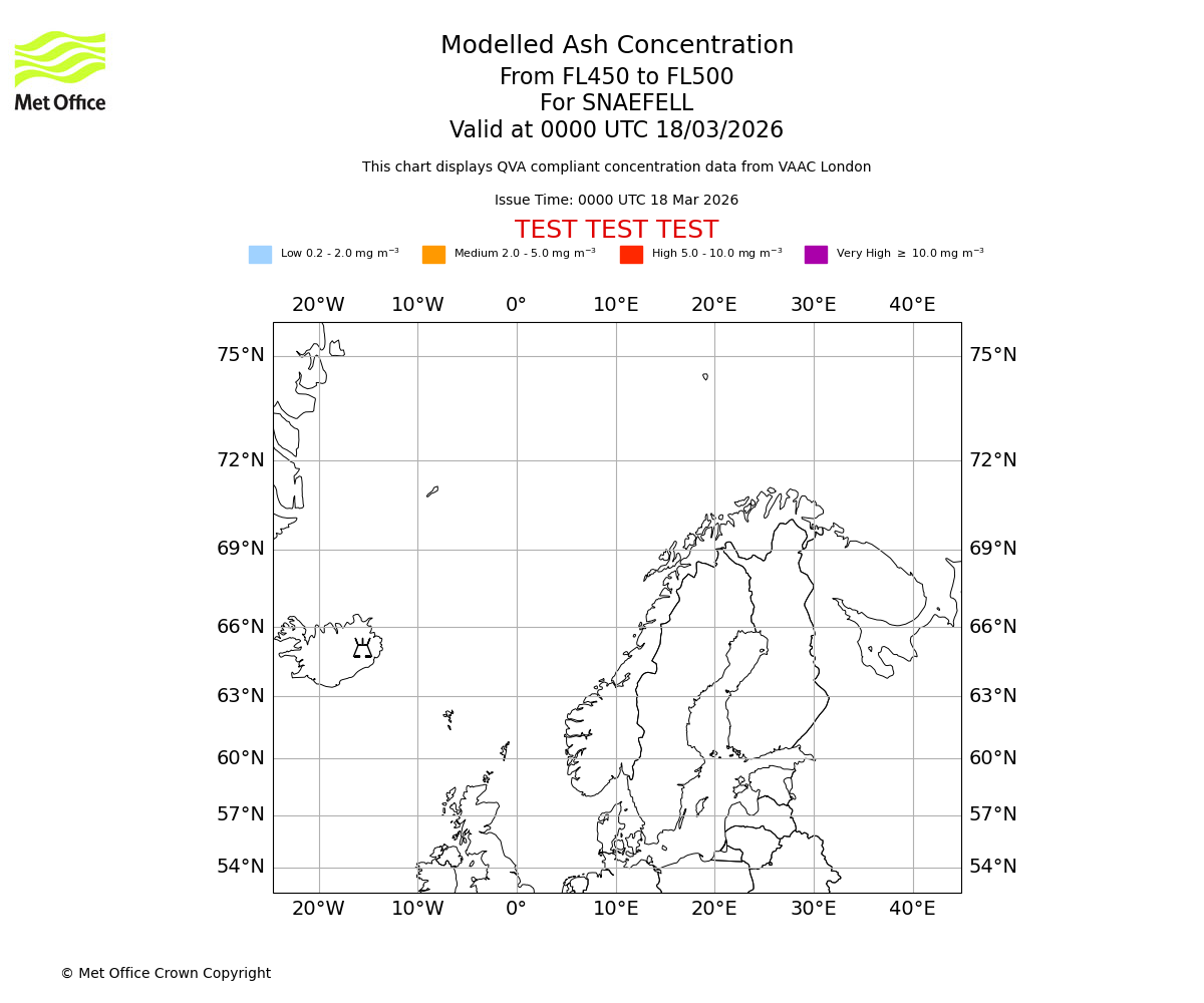 Modelled ash concentration from 450 to 500 for SNAEFELL. Valid at 0000 UTC 18/03/2026