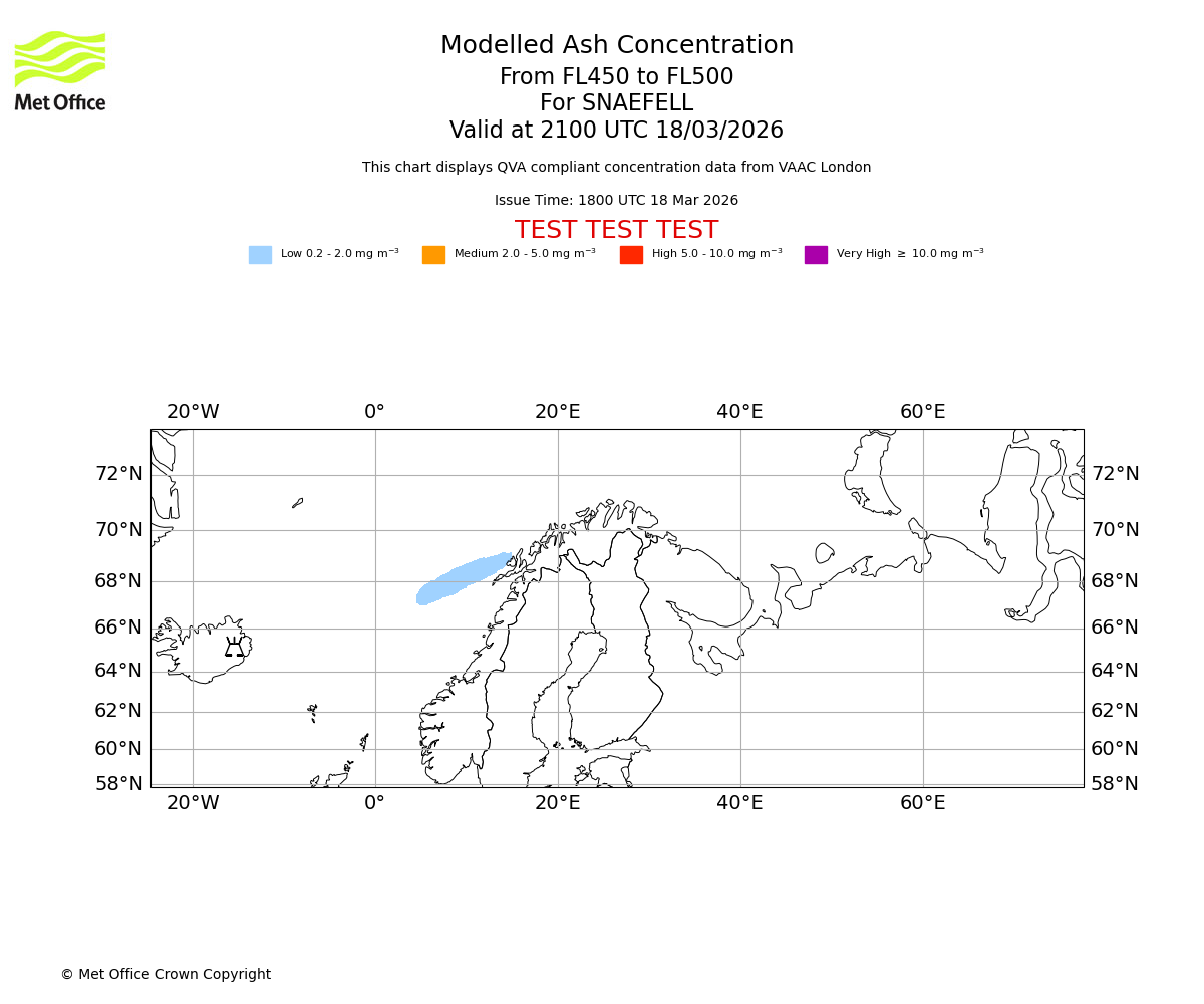 Modelled ash concentration from 450 to 500 for SNAEFELL. Valid at 2100 UTC 18/03/2026