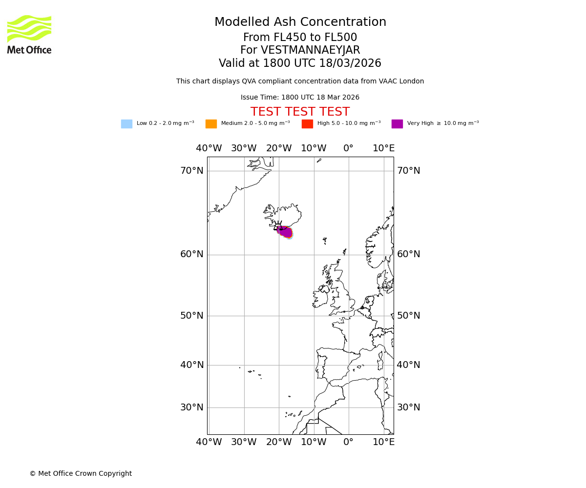 Modelled ash concentration from 450 to 500 for VESTMANNAEYJAR. Valid at 1800 UTC 18/03/2026