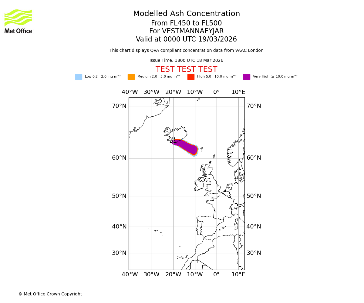 Modelled ash concentration from 450 to 500 for VESTMANNAEYJAR. Valid at 0000 UTC 19/03/2026