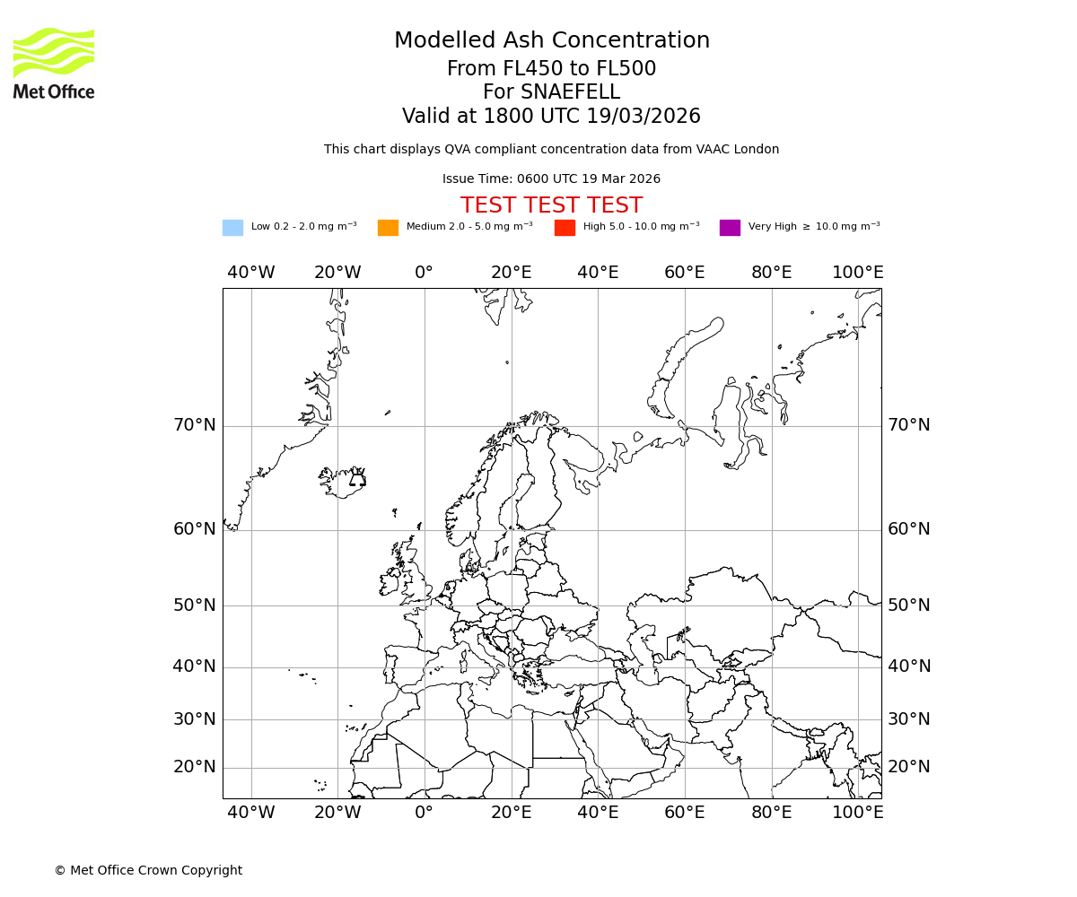 Modelled ash concentration from 450 to 500 for SNAEFELL. Valid at 1800 UTC 19/03/2026