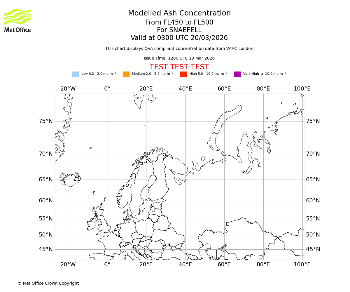 Modelled ash concentration from 450 to 500 for SNAEFELL. Valid at 0300 UTC 20/03/2026