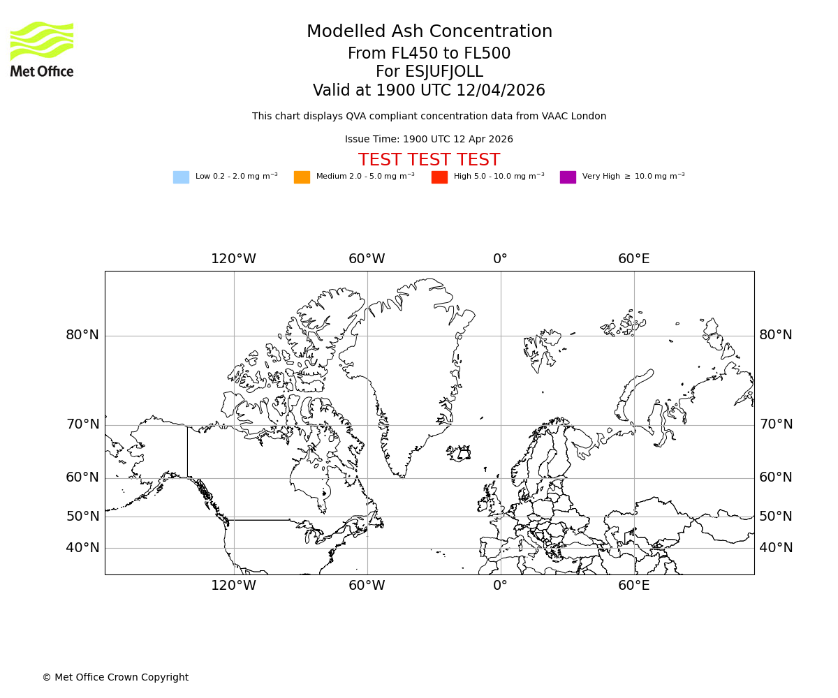 Modelled ash concentration from 450 to 500 for ESJUFJOLL. Valid at 1900 UTC 12/04/2026