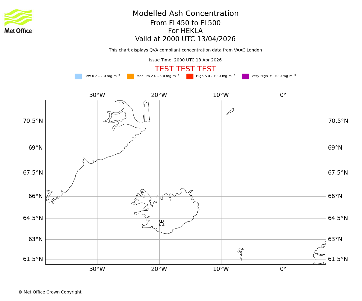 Modelled ash concentration from 450 to 500 for HEKLA. Valid at 2000 UTC 13/04/2026