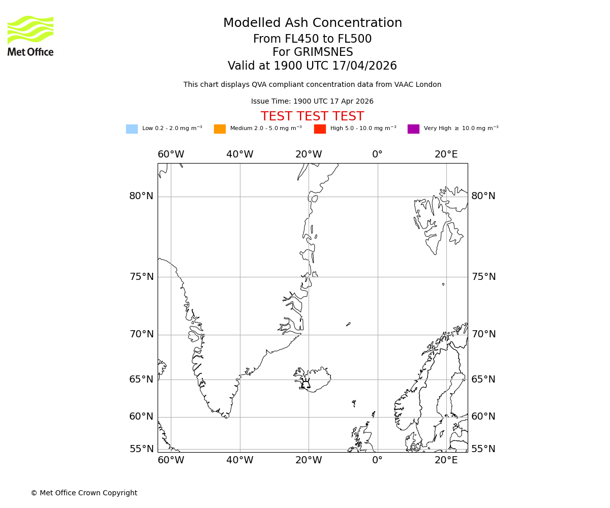 Modelled ash concentration from 450 to 500 for GRIMSNES. Valid at 1900 UTC 17/04/2026