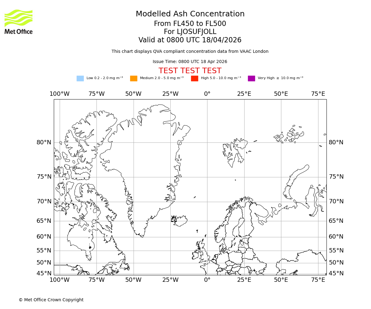 Modelled ash concentration from 450 to 500 for LJOSUFJOLL. Valid at 0800 UTC 18/04/2026