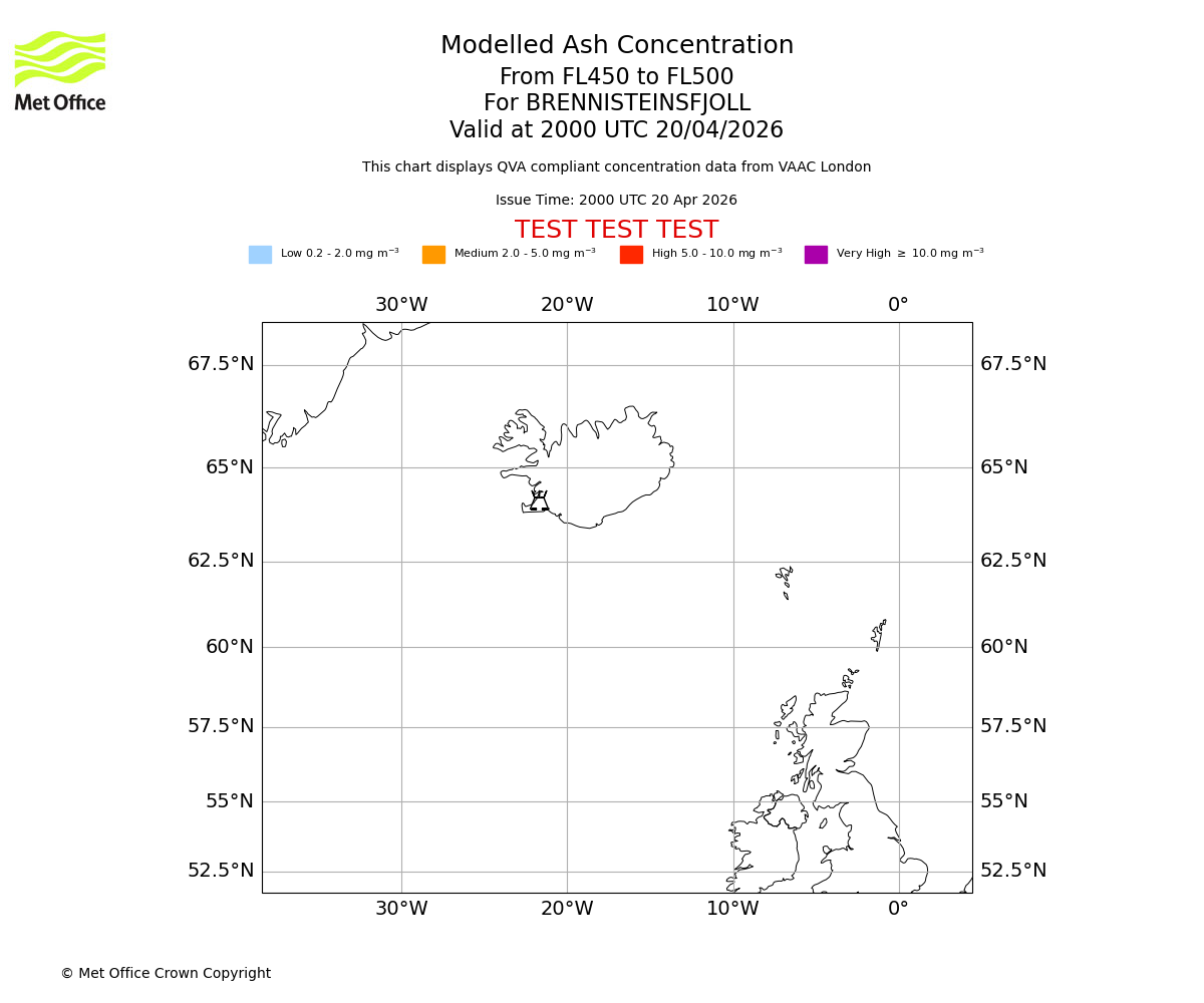 Modelled ash concentration from 450 to 500 for BRENNISTEINSFJOLL. Valid at 2000 UTC 20/04/2026