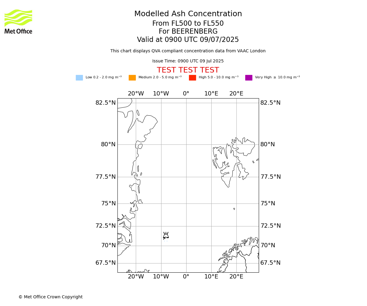 Modelled ash concentration from 500 to 550 for BEERENBERG. Valid at 0900 UTC 09/07/2025