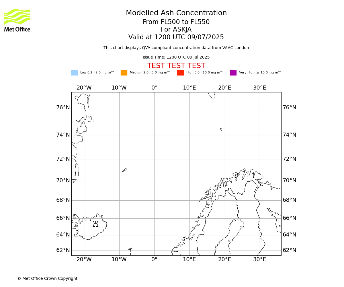 Modelled ash concentration from 500 to 550 for ASKJA. Valid at 1200 UTC 09/07/2025