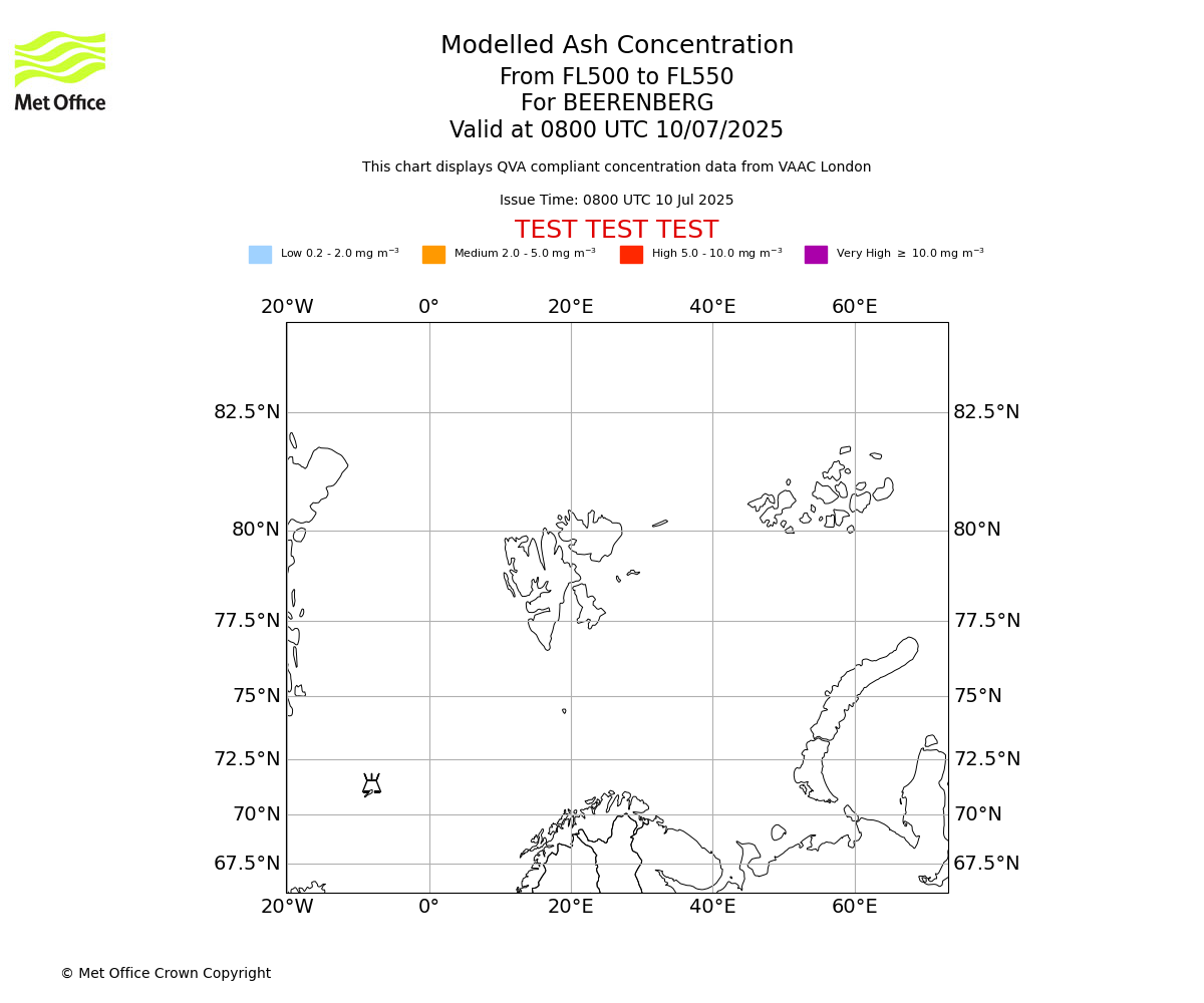 Modelled ash concentration from 500 to 550 for BEERENBERG. Valid at 0800 UTC 10/07/2025