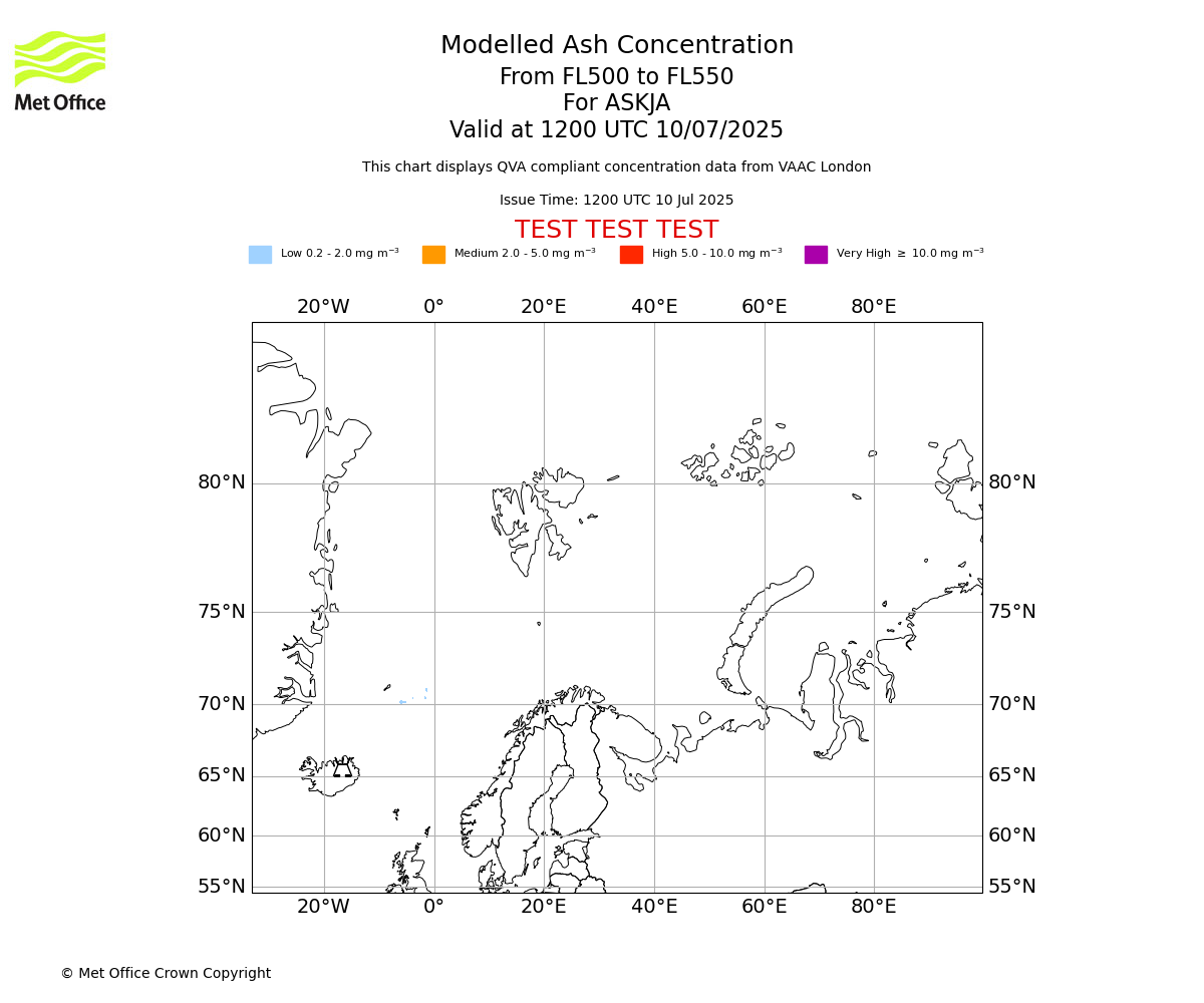Modelled ash concentration from 500 to 550 for ASKJA. Valid at 1200 UTC 10/07/2025