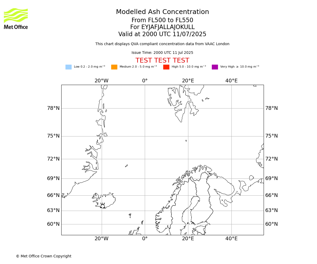 Modelled ash concentration from 500 to 550 for EYJAFJALLAJOKULL. Valid at 2000 UTC 11/07/2025