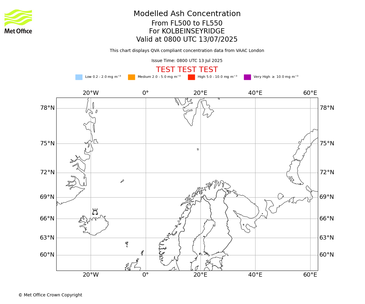 Modelled ash concentration from 500 to 550 for KOLBEINSEYRIDGE. Valid at 0800 UTC 13/07/2025