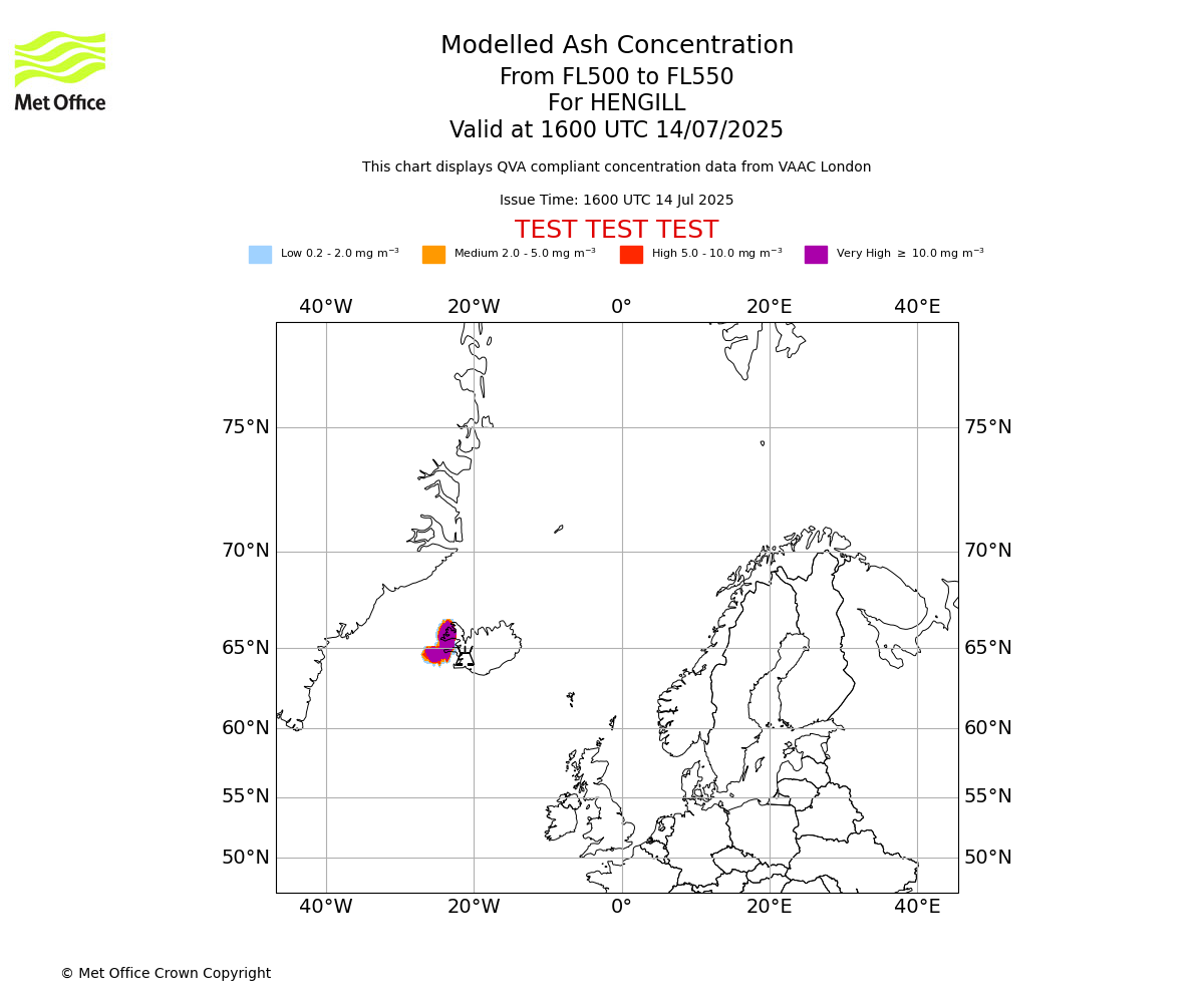 Modelled ash concentration from 500 to 550 for HENGILL. Valid at 1600 UTC 14/07/2025