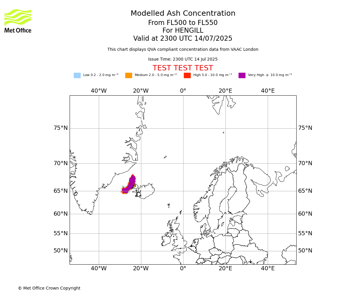 Modelled ash concentration from 500 to 550 for HENGILL. Valid at 2300 UTC 14/07/2025