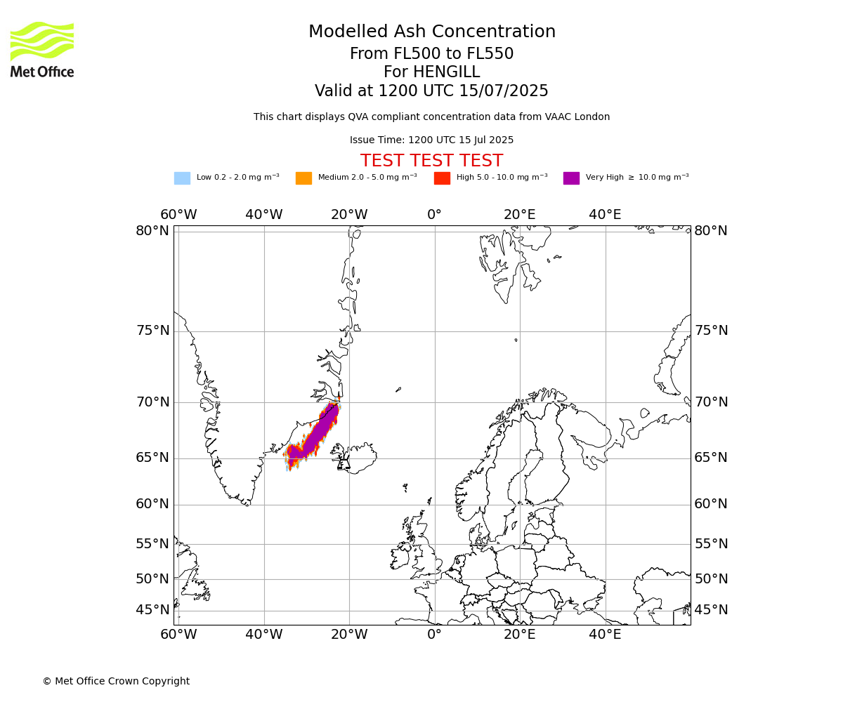 Modelled ash concentration from 500 to 550 for HENGILL. Valid at 1200 UTC 15/07/2025