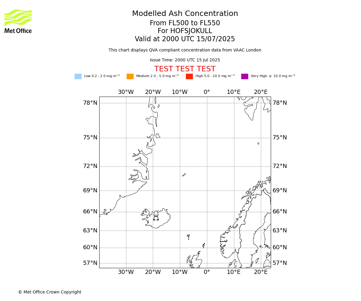 Modelled ash concentration from 500 to 550 for HOFSJOKULL. Valid at 2000 UTC 15/07/2025