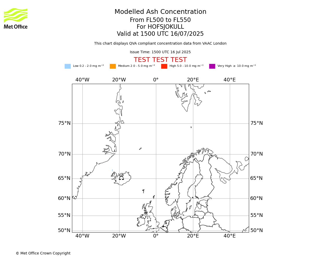 Modelled ash concentration from 500 to 550 for HOFSJOKULL. Valid at 1500 UTC 16/07/2025
