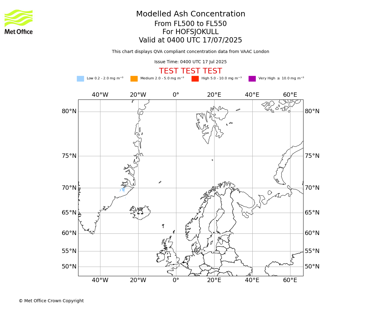 Modelled ash concentration from 500 to 550 for HOFSJOKULL. Valid at 0400 UTC 17/07/2025