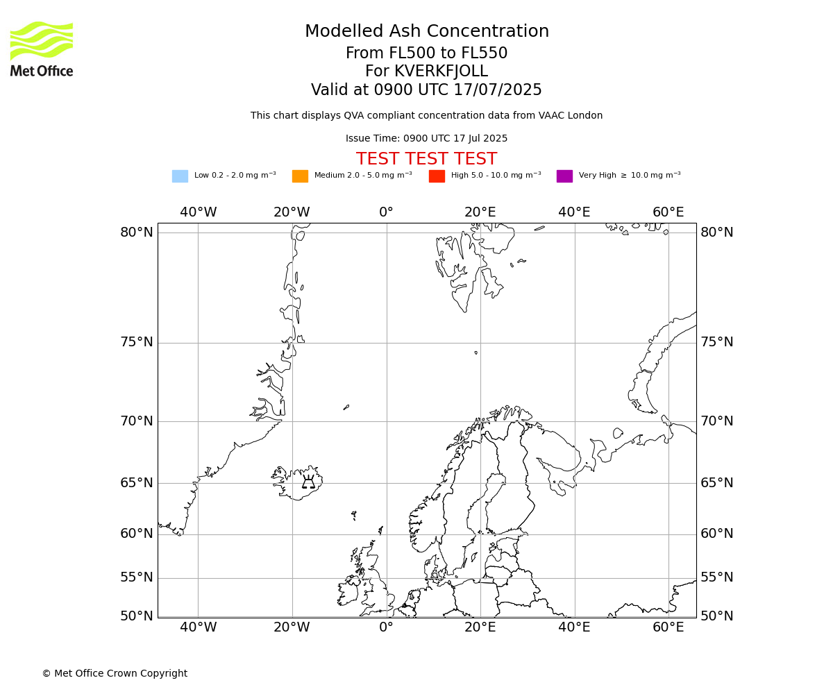 Modelled ash concentration from 500 to 550 for KVERKFJOLL. Valid at 0900 UTC 17/07/2025