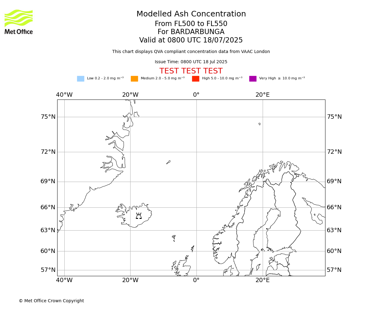 Modelled ash concentration from 500 to 550 for BARDARBUNGA. Valid at 0800 UTC 18/07/2025