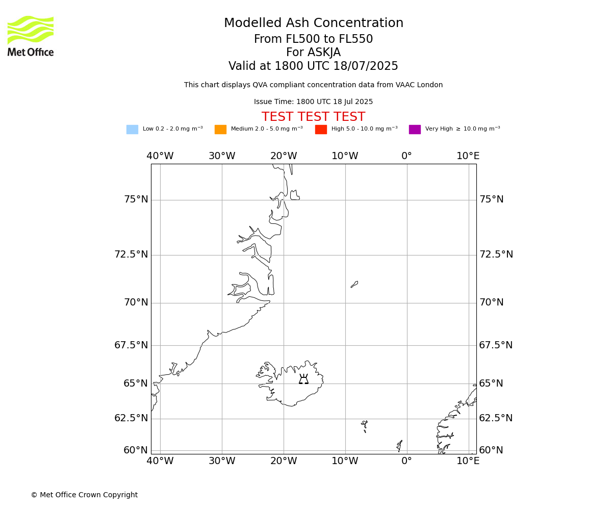 Modelled ash concentration from 500 to 550 for ASKJA. Valid at 1800 UTC 18/07/2025