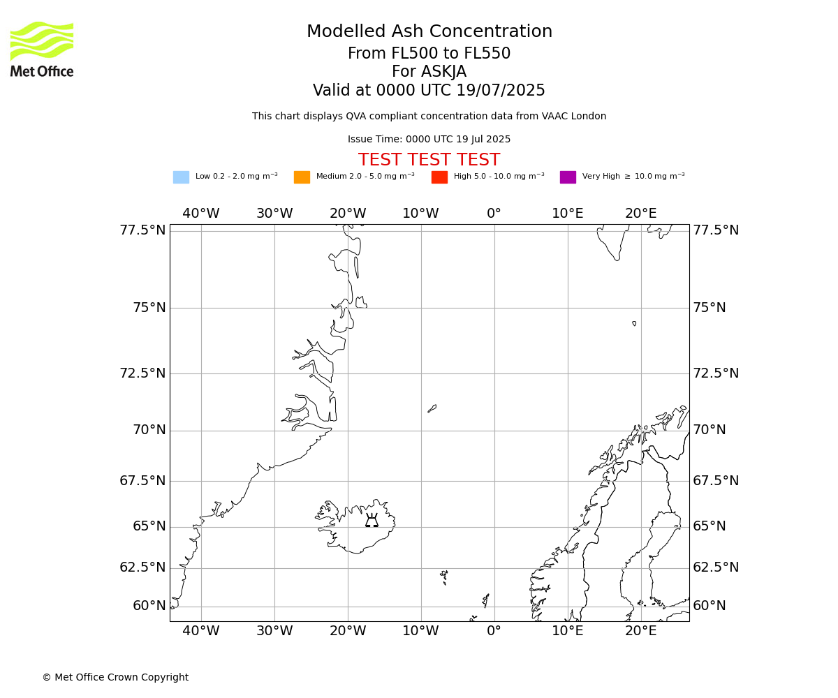Modelled ash concentration from 500 to 550 for ASKJA. Valid at 0000 UTC 19/07/2025