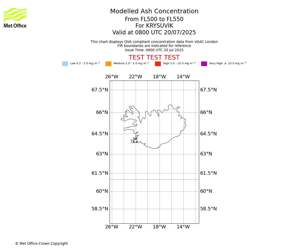 Modelled ash concentration from 500 to 550 for KRYSUVIK. Valid at 0800 UTC 20/07/2025