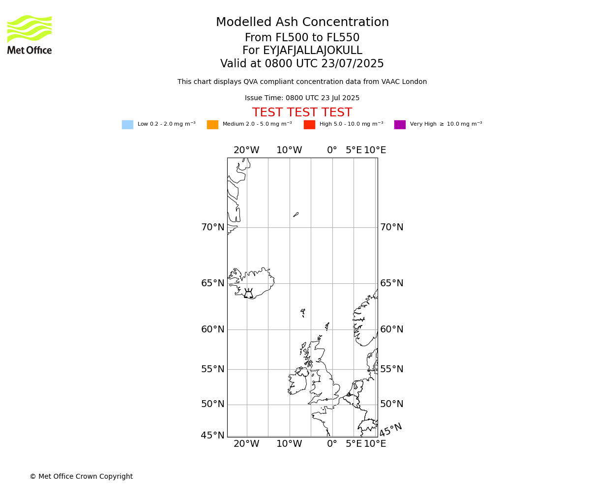 Modelled ash concentration from 500 to 550 for EYJAFJALLAJOKULL. Valid at 0800 UTC 23/07/2025