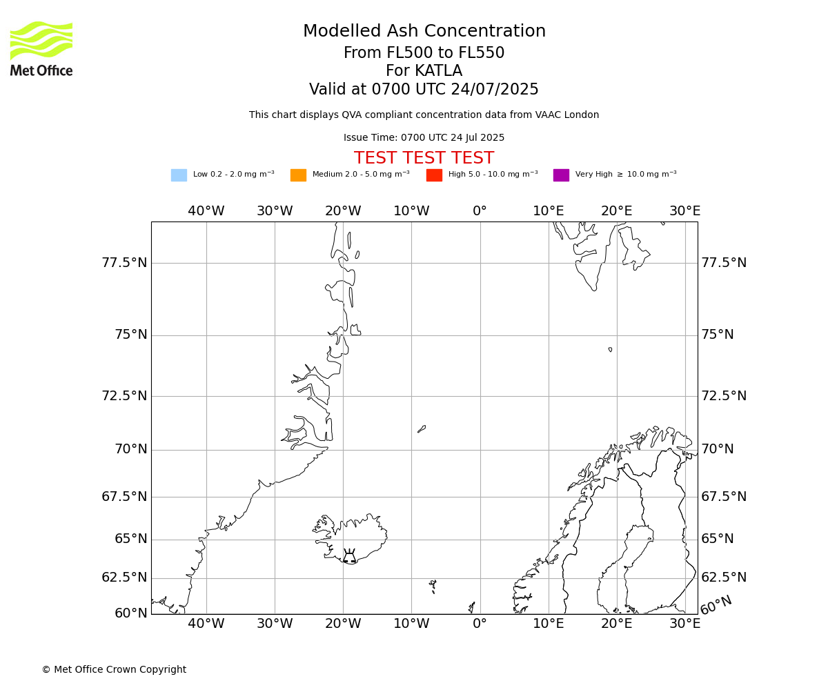 Modelled ash concentration from 500 to 550 for KATLA. Valid at 0700 UTC 24/07/2025