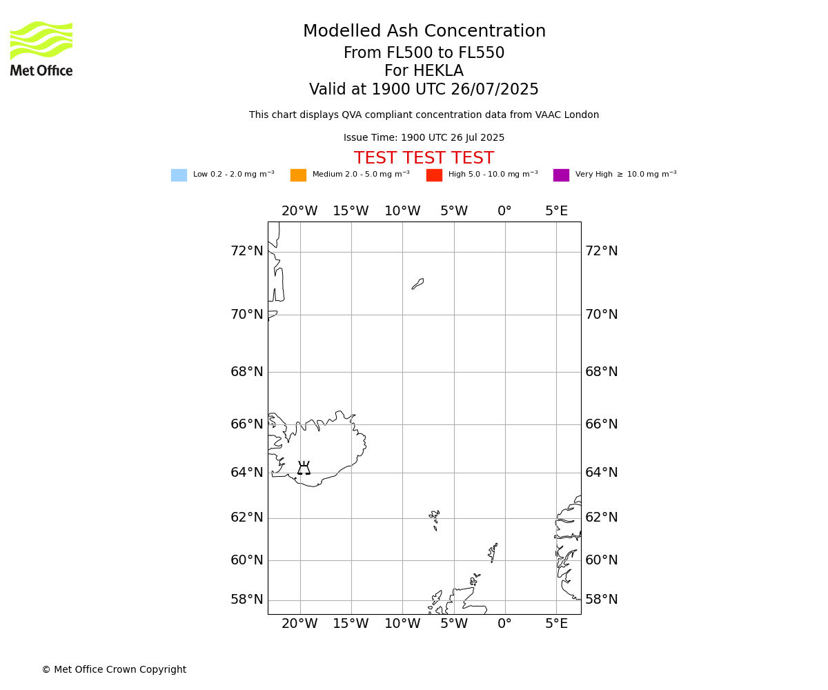 Modelled ash concentration from 500 to 550 for HEKLA. Valid at 1900 UTC 26/07/2025
