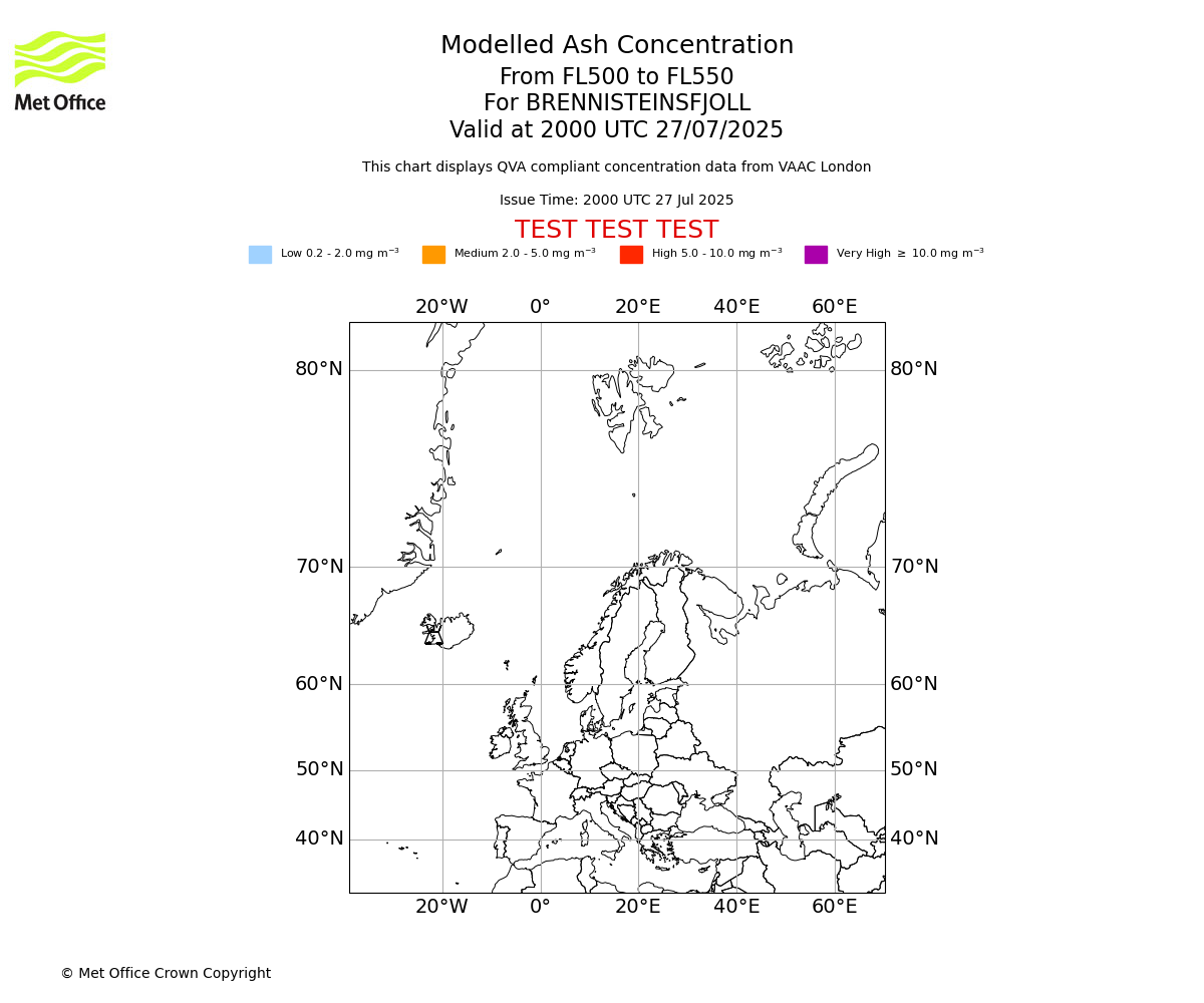 Modelled ash concentration from 500 to 550 for BRENNISTEINSFJOLL. Valid at 2000 UTC 27/07/2025