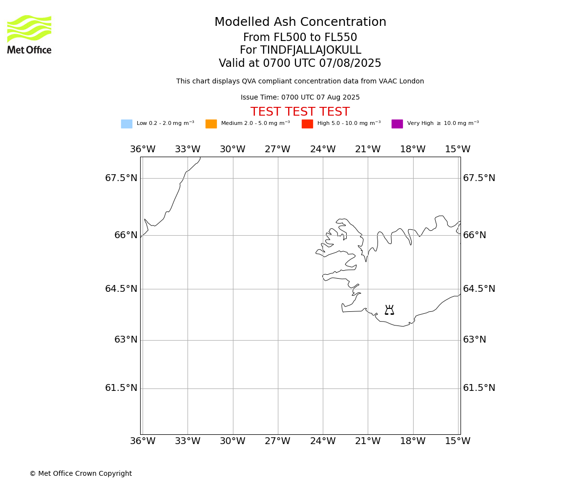 Modelled ash concentration from 500 to 550 for TINDFJALLAJOKULL. Valid at 0700 UTC 07/08/2025