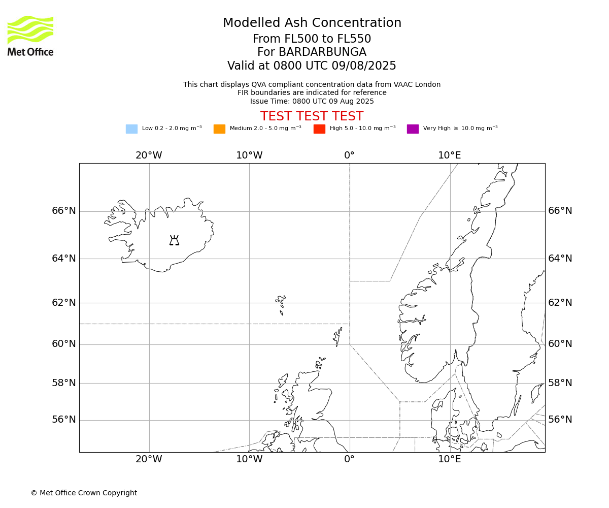 Modelled ash concentration from 500 to 550 for BARDARBUNGA. Valid at 0800 UTC 09/08/2025
