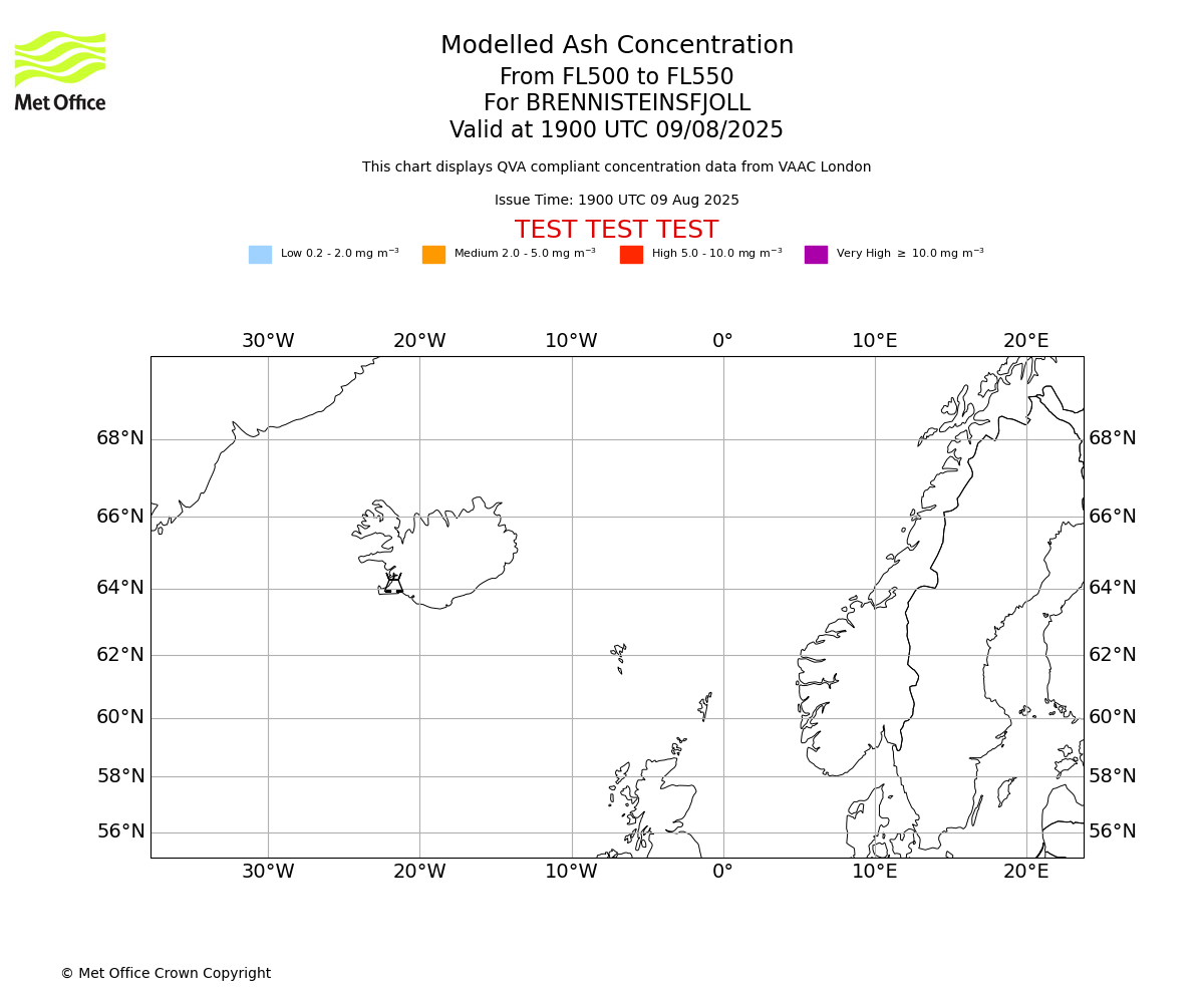 Modelled ash concentration from 500 to 550 for BRENNISTEINSFJOLL. Valid at 1900 UTC 09/08/2025