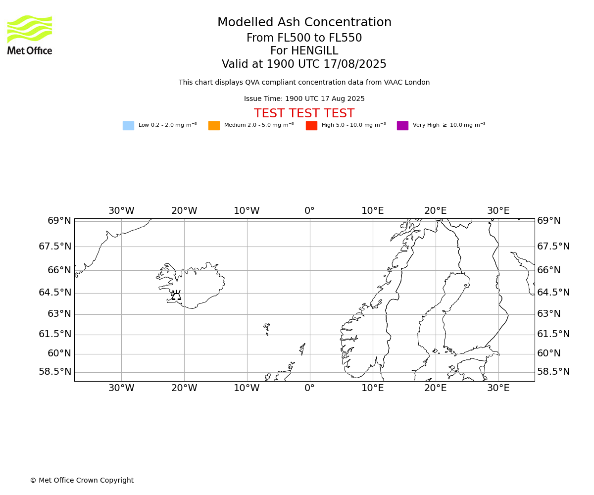 Modelled ash concentration from 500 to 550 for HENGILL. Valid at 1900 UTC 17/08/2025